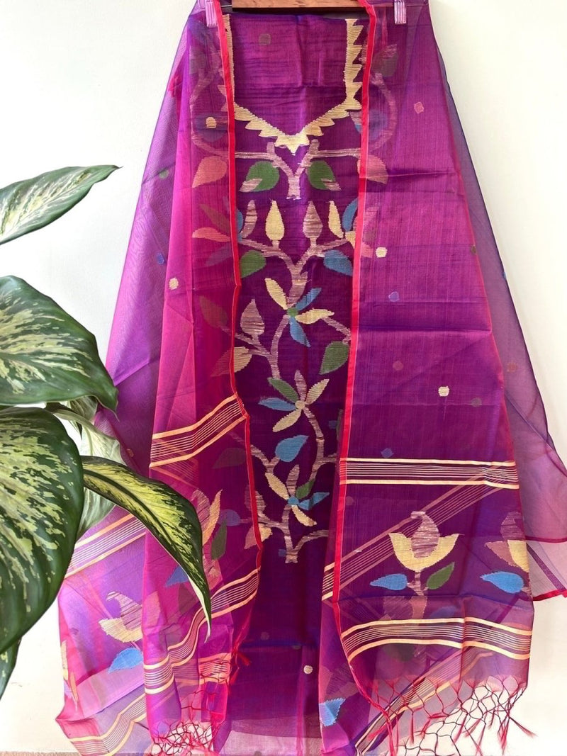 Original Woven Jaal Muslin Jamdani Kurta Dupatta Set | Grape Purple | - Leheriya