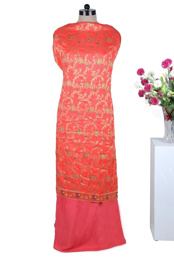 Partywear Orange Dola Silk Salwar Kameez with All Over Woven Meena Pattern - Leheriya