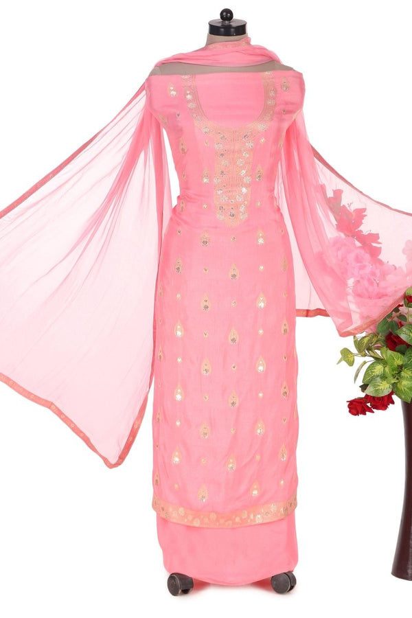 Pastel Pink Unstitched Salwar Suit with Chiffon Dupatta - Leheriya