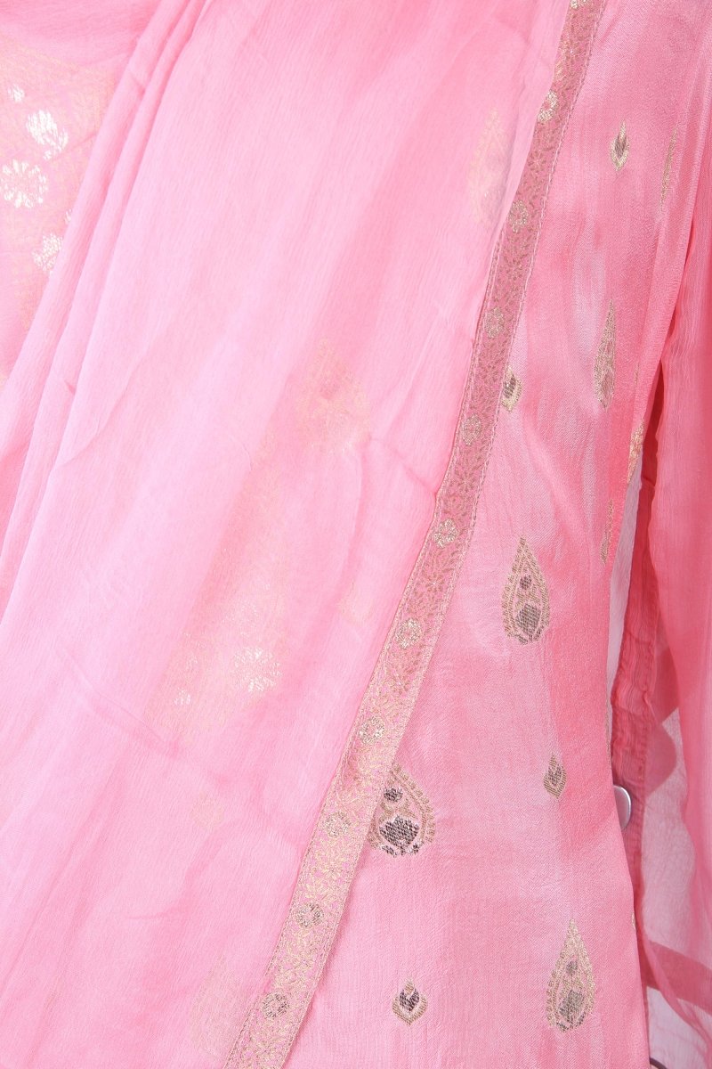 Pastel Pink Unstitched Salwar Suit with Chiffon Dupatta - Leheriya