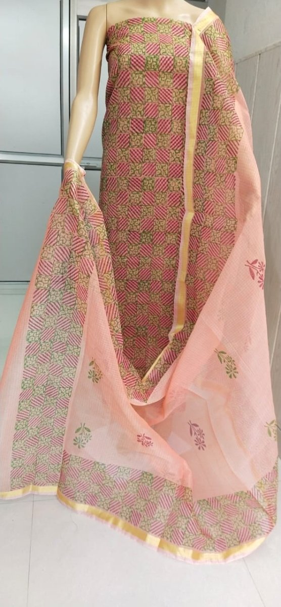 Peach Hand Block Printed Kota Doria Salwar Suit - Leheriya