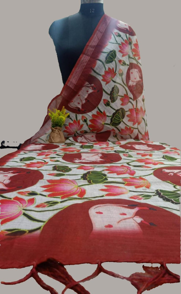 Pichwai Print Linen Cotton Dupatta with Zari Border - Leheriya