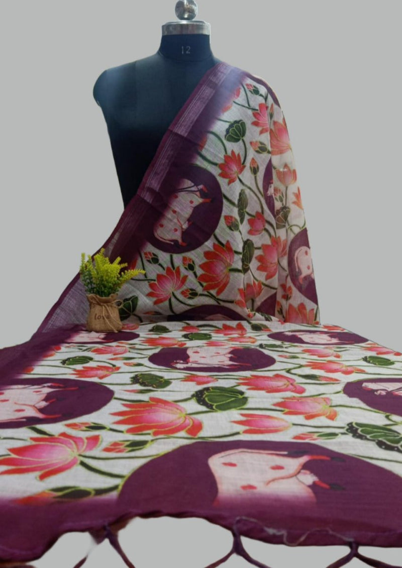 Pichwai Print Linen Cotton Dupatta with Zari Border - Leheriya