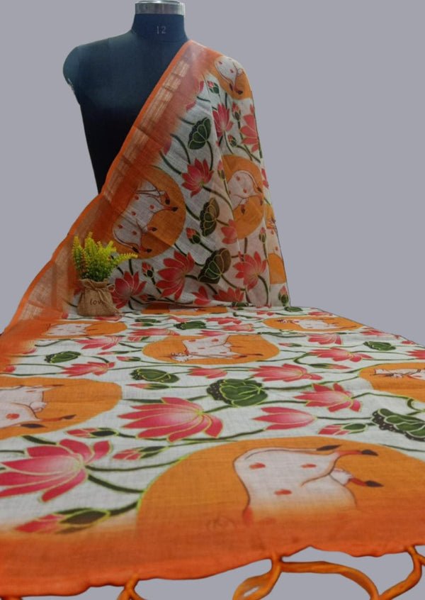 Pichwai Print Linen Cotton Dupatta with Zari Border - Leheriya