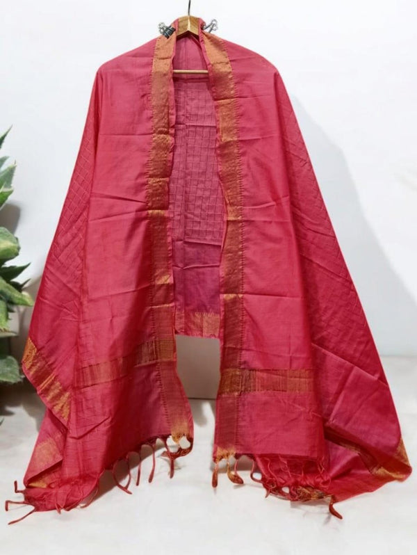 Pink Color Mangalagiri Zari Border Cotton Silk Dupatta - Leheriya