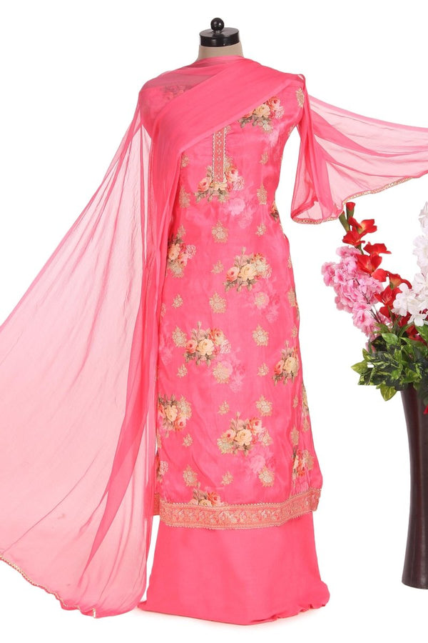 Pink Dola Silk Floral Print Suit with Chiffon Dupatta - Leheriya