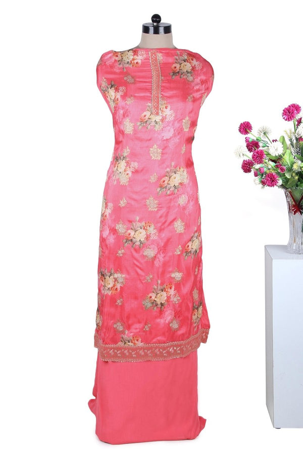 Pink Dola Silk Floral Print Suit with Chiffon Dupatta - Leheriya