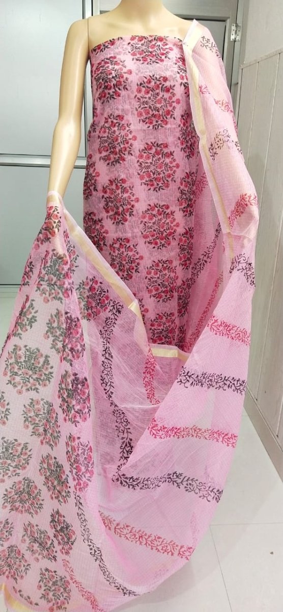 Pink Hand Block Printed Kota Doria Salwar Suit - Leheriya