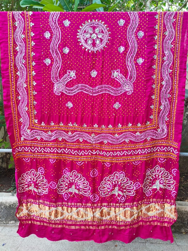 Pink Leheriya Exclusive Pure Gaji Silk Heavy Gota Patti Work Bandhani Dupatta - Leheriya