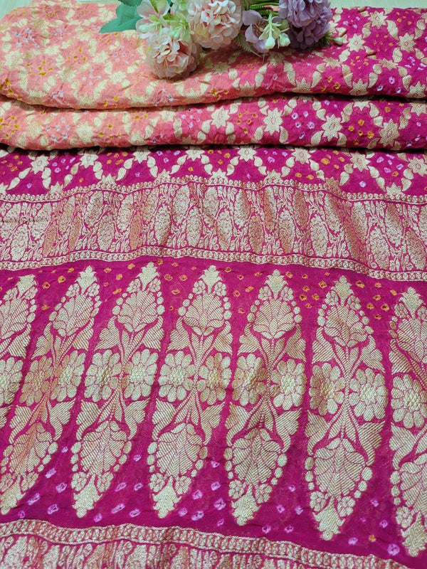 Pink & Peach Shaded Banarasi Bandhani Pure Georgette Neemzari Gharchola Dupatta - Leheriya