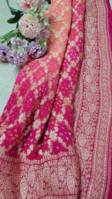 Pink & Peach Shaded Banarasi Bandhani Pure Georgette Neemzari Gharchola Dupatta - Leheriya