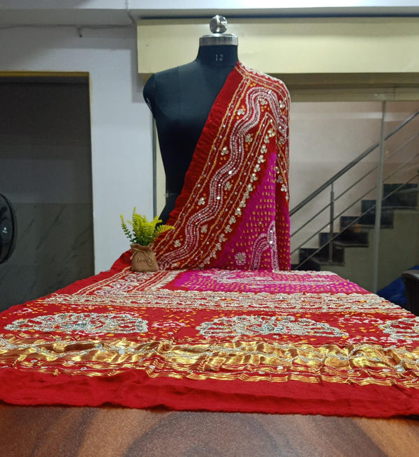Pink Red Shaded Leheriya Exclusive Pure Gaji Silk Heavy Gota Patti Work Bandhani Dupatta - Leheriya
