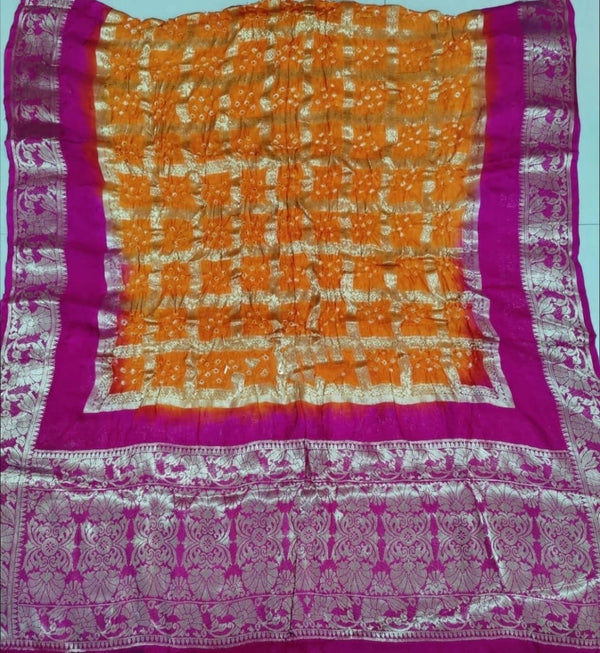 Premium Banarasi Silk Bandhej Gharchola Jangla Dupatta - Leheriya