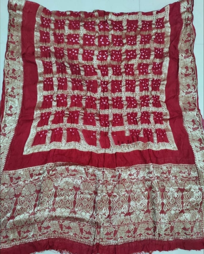 Premium Banarasi Silk Bandhej Gharchola Jangla Dupatta - Leheriya