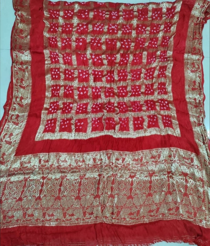 Premium Banarasi Silk Bandhej Gharchola Jangla Dupatta - Leheriya