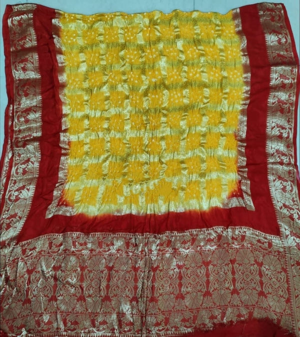 Premium Banarasi Silk Bandhej Gharchola Jangla Dupatta - Leheriya