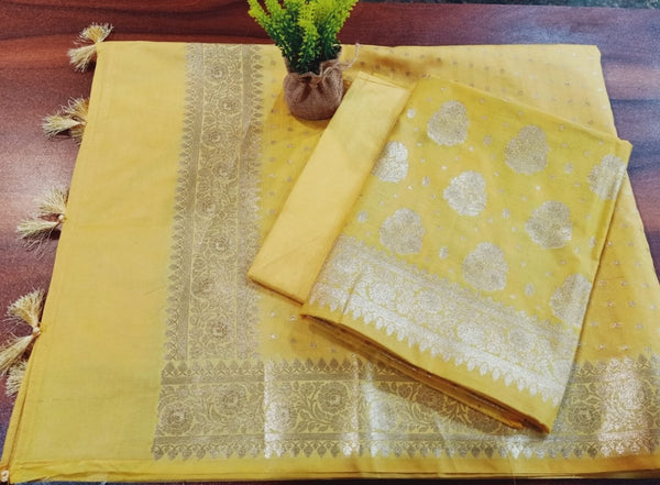 Premium Georgette Silk Banarasi Zari 3 pc Salwar Suit | Yellow | - Leheriya