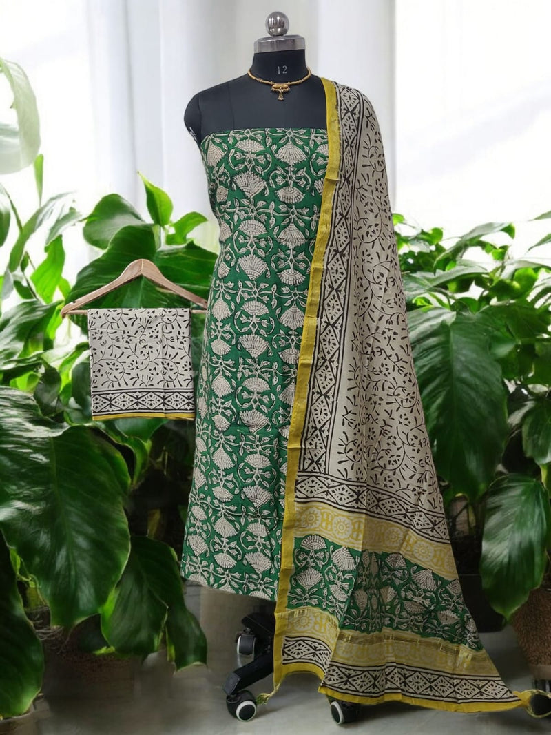 Premium Hand Block Print Chanderi Silk 3 pc Salwar Suit - Leheriya