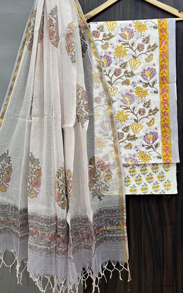 Premium Hand Block Print Pure Cotton Suit With Pure Cotton Kota Doria Dupatta - Leheriya