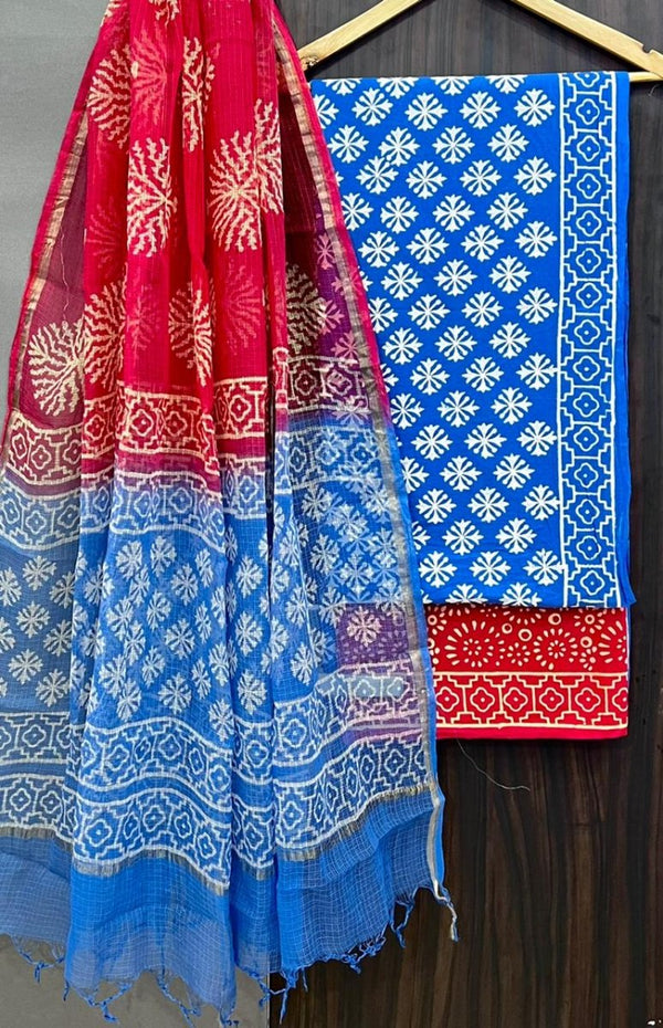 Premium Hand Block Print Pure Cotton Suit With Pure Cotton Kota Doria Dupatta - Leheriya