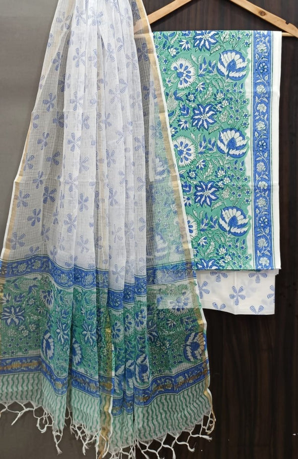 Premium Hand Block Print Pure Cotton Suit With Pure Cotton Kota Doria Dupatta - Leheriya