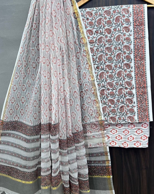 Premium Hand Block Print Pure Cotton Suit With Pure Cotton Kota Doria Dupatta - Leheriya