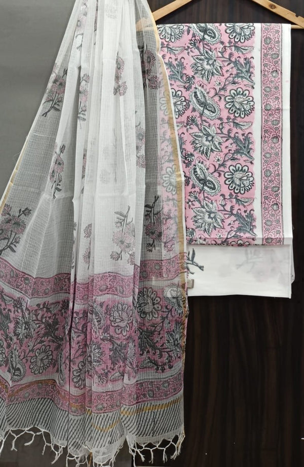 Premium Hand Block Print Pure Cotton Suit With Pure Cotton Kota Doria Dupatta - Leheriya