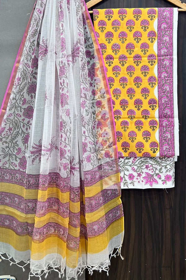 Premium Hand Block Print Pure Cotton Suit With Pure Cotton Kota Doria Dupatta - Leheriya