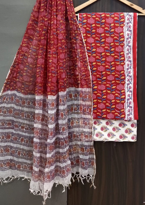 Premium Hand Block Print Pure Cotton Suit With Pure Cotton Kota Doria Dupatta - Leheriya