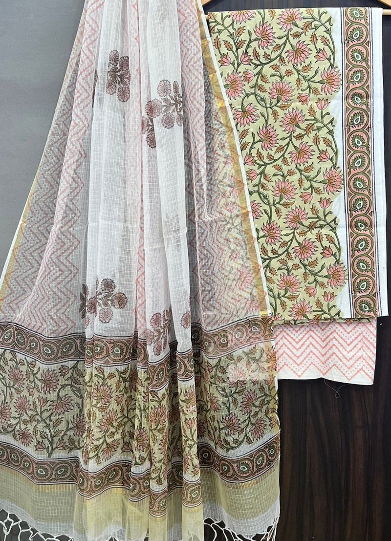 Premium Hand Block Print Pure Cotton Suit With Pure Cotton Kota Doria Dupatta - Leheriya