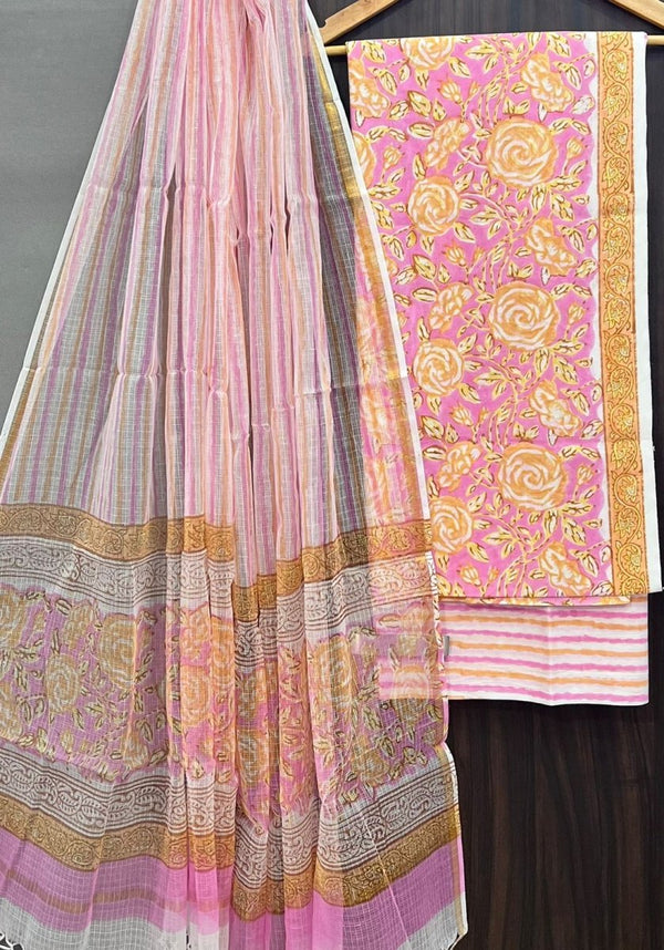 Premium Hand Block Print Pure Cotton Suit With Pure Cotton Kota Doria Dupatta - Leheriya