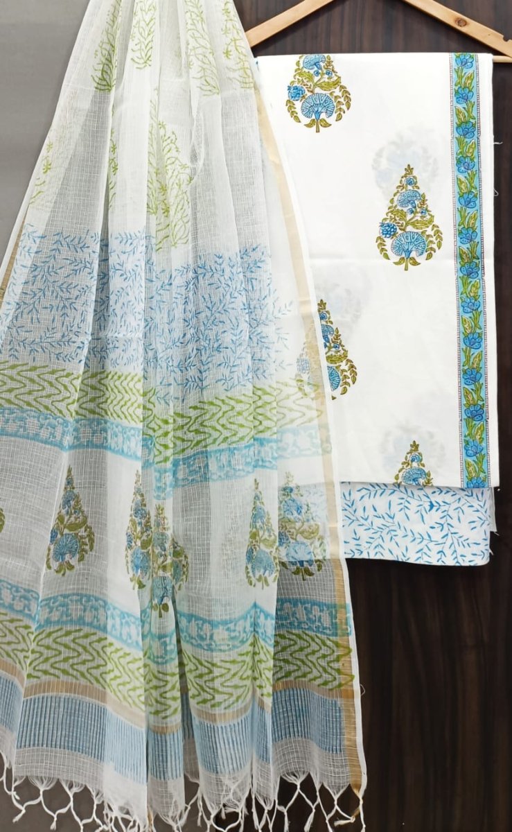 Premium Hand Block Print Pure Cotton Suit With Pure Cotton Kota Doria Dupatta - Leheriya