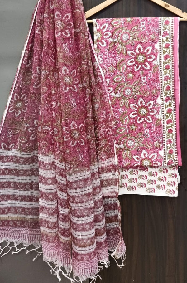 Premium Hand Block Print Pure Cotton Suit With Pure Cotton Kota Doria Dupatta - Leheriya