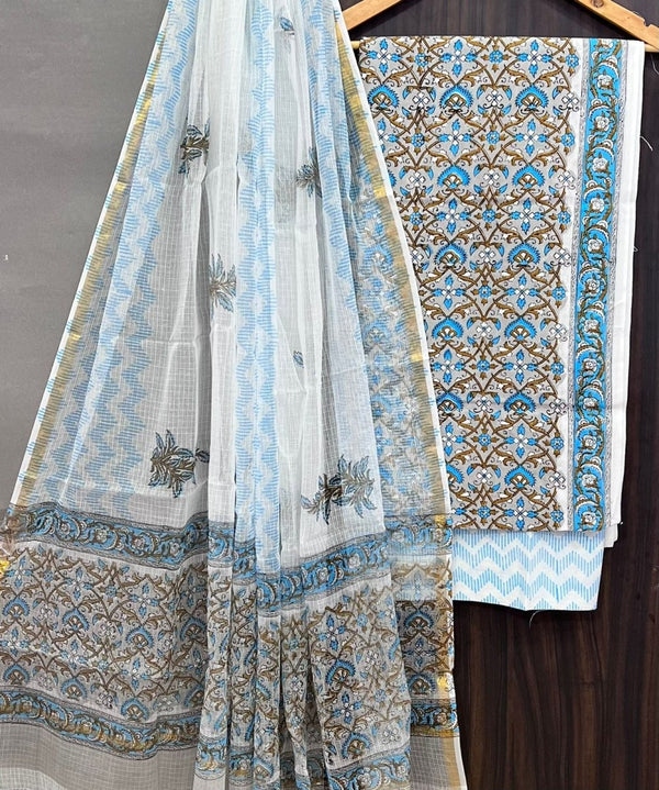 Premium Hand Block Print Pure Cotton Suit With Pure Cotton Kota Doria Dupatta - Leheriya