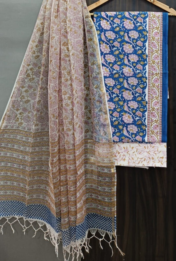 Premium Hand Block Print Pure Cotton Suit With Pure Cotton Kota Doria Dupatta - Leheriya