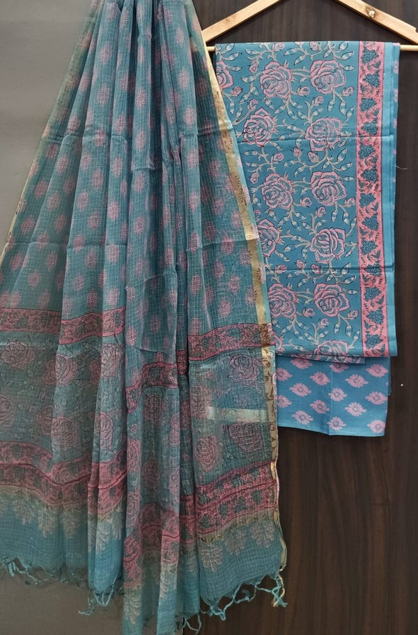 Premium Hand Block Print Pure Cotton Suit With Pure Cotton Kota Doria Dupatta - Leheriya