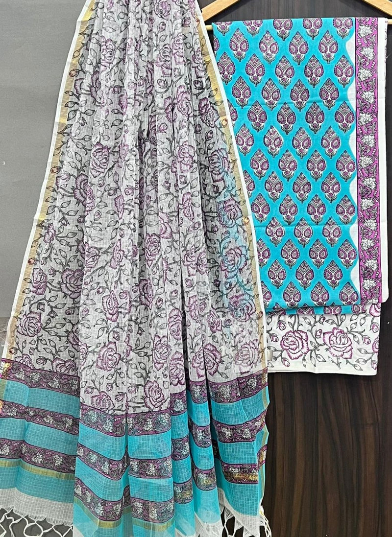 Premium Hand Block Print Pure Cotton Suit With Pure Cotton Kota Doria Dupatta - Leheriya