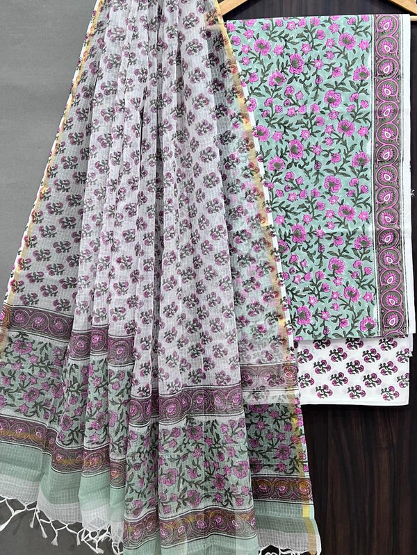 Premium Hand Block Print Pure Cotton Suit With Pure Cotton Kota Doria Dupatta - Leheriya