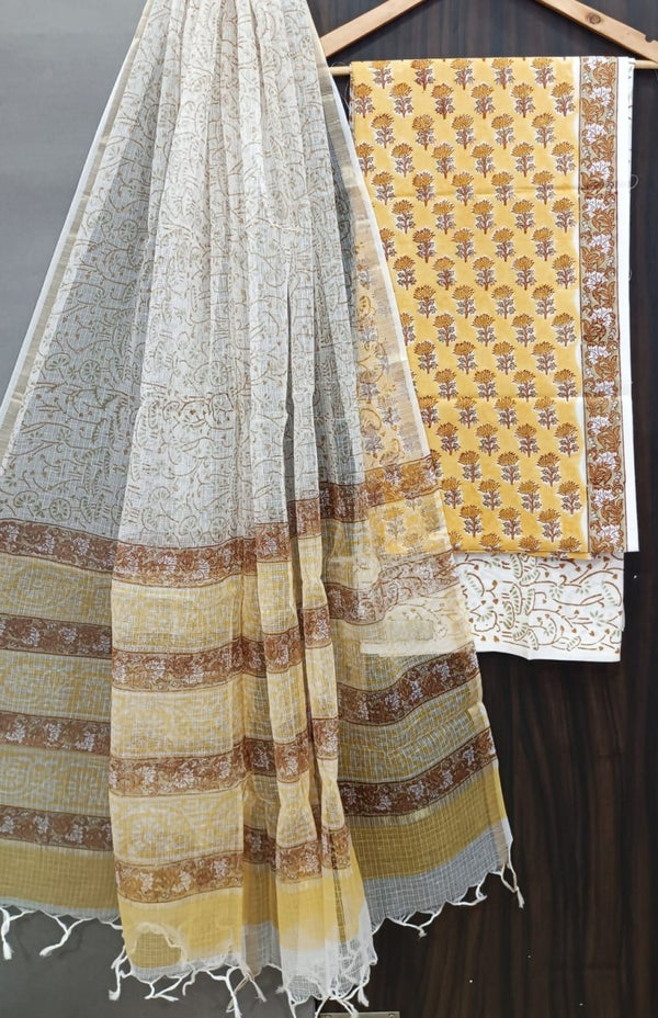 Premium Hand Block Print Pure Cotton Suit With Pure Cotton Kota Doria Dupatta - Leheriya