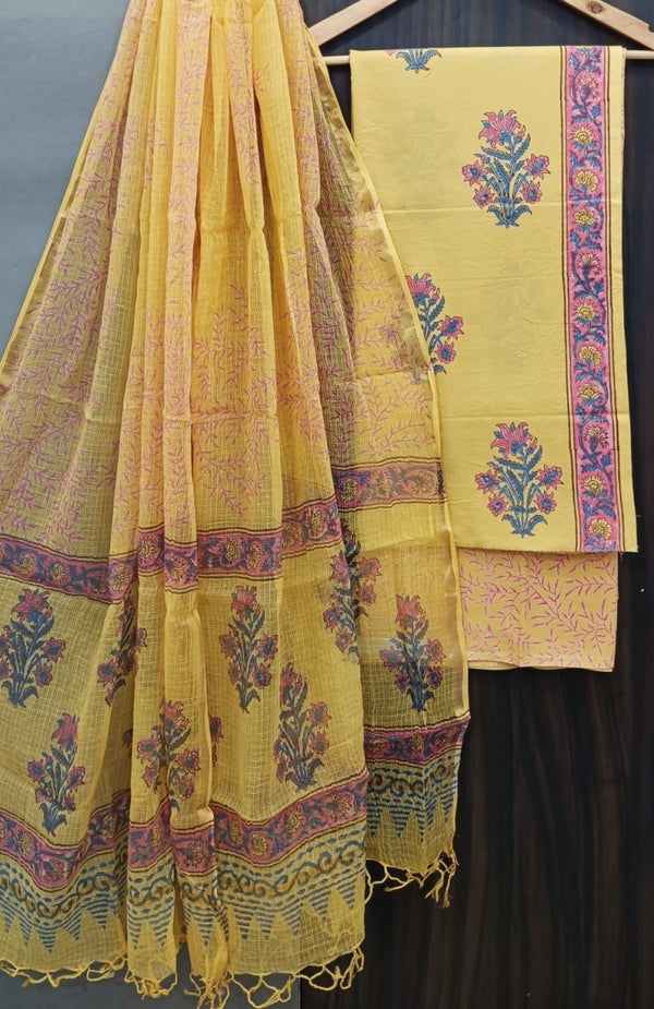 Premium Hand Block Print Pure Cotton Suit With Pure Cotton Kota Doria Dupatta - Leheriya