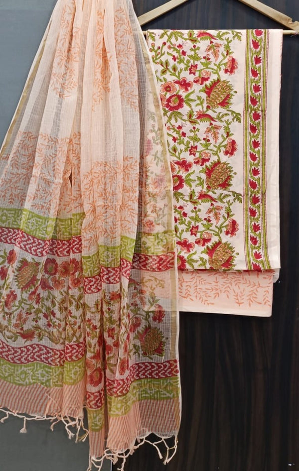 Premium Hand Block Print Pure Cotton Suit With Pure Cotton Kota Doria Dupatta - Leheriya