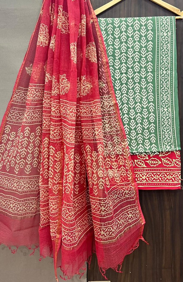 Premium Hand Block Print Pure Cotton Suit With Pure Cotton Kota Doria Dupatta - Leheriya