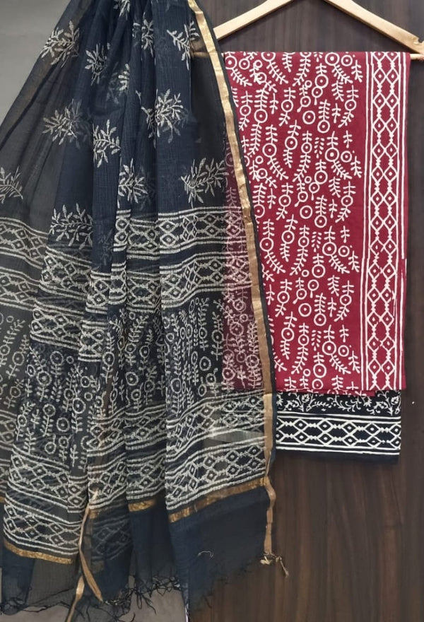 Premium Hand Block Print Pure Cotton Suit With Pure Cotton Kota Doria Dupatta - Leheriya