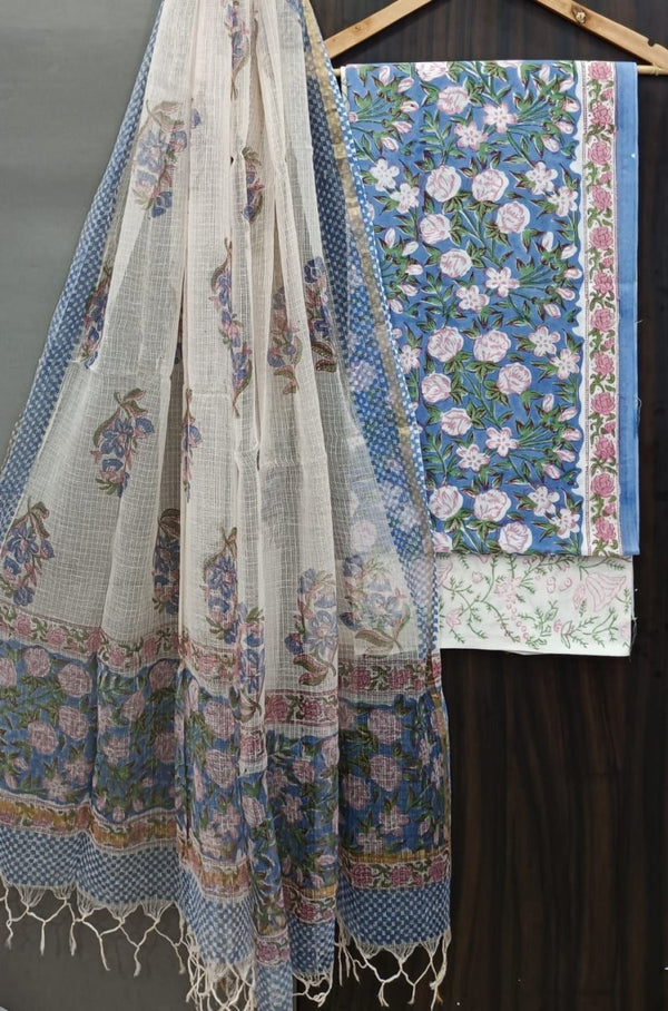 Premium Hand Block Print Pure Cotton Suit With Pure Cotton Kota Doria Dupatta - Leheriya