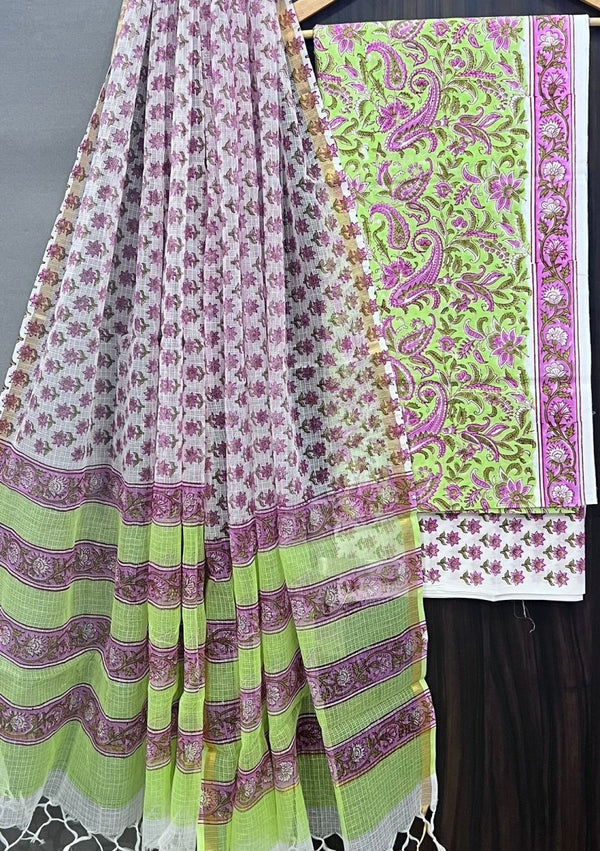 Premium Hand Block Print Pure Cotton Suit With Pure Cotton Kota Doria Dupatta - Leheriya