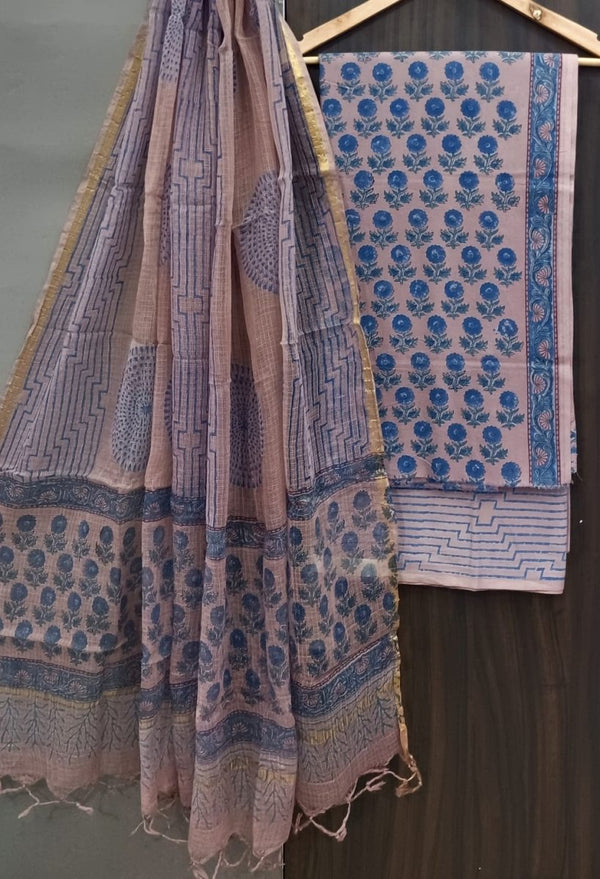 Premium Hand Block Print Pure Cotton Suit With Pure Cotton Kota Doria Dupatta - Leheriya