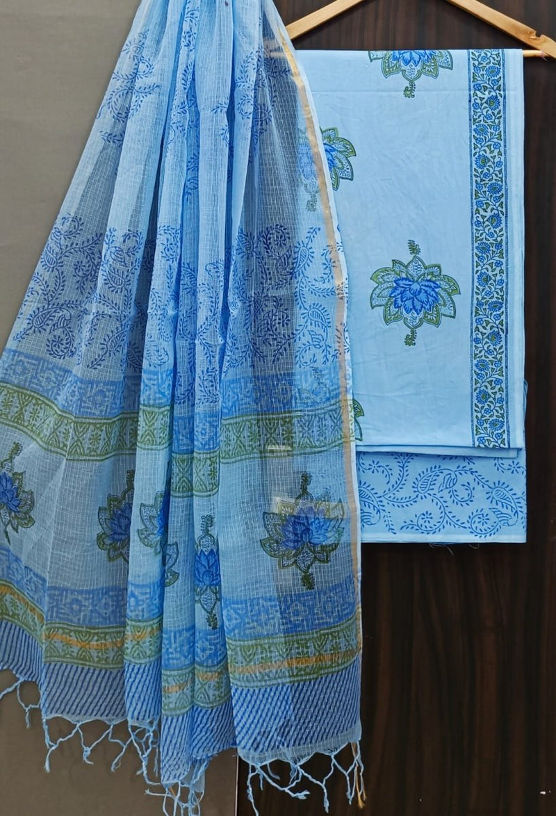 Premium Hand Block Print Pure Cotton Suit With Pure Cotton Kota Doria Dupatta - Leheriya