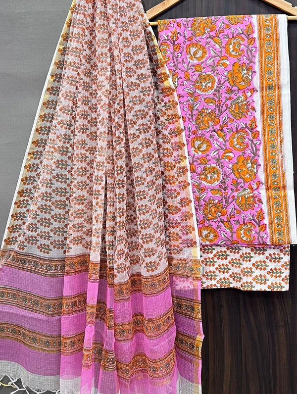 Premium Hand Block Print Pure Cotton Suit With Pure Cotton Kota Doria Dupatta - Leheriya