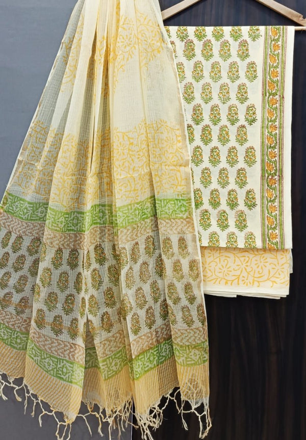 Premium Hand Block Print Pure Cotton Suit With Pure Cotton Kota Doria Dupatta - Leheriya