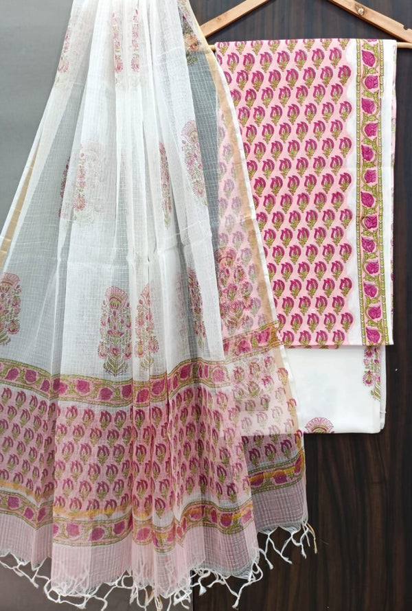 Premium Hand Block Print Pure Cotton Suit With Pure Cotton Kota Doria Dupatta - Leheriya